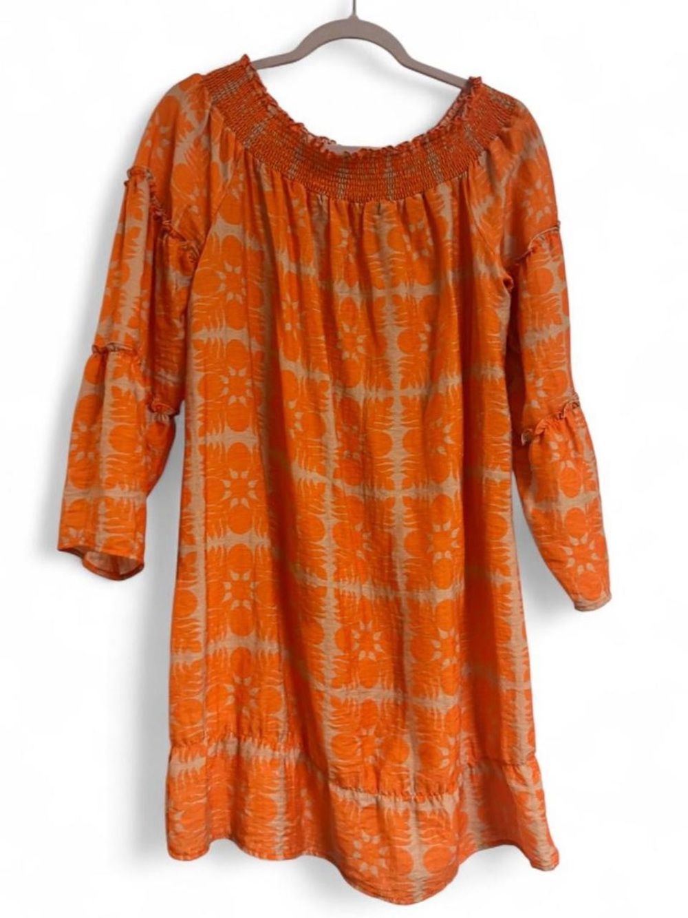 Simply Sisters orange quilt off the shoulder dress